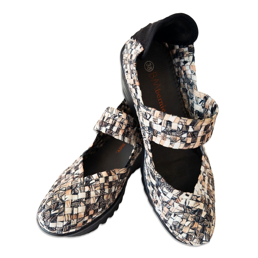 Bernie Mev Wedge Mary Jane Women 38 Black Beige Woven Elastic Lulia Style